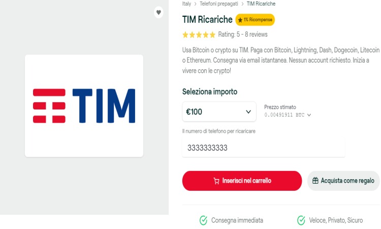 Ricarica telefonica aziendale TIM bitcoin